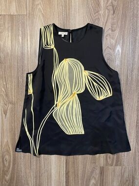 Lafayette 148 New York Black Silk Sleeveless Top with Yellow Floral Motif